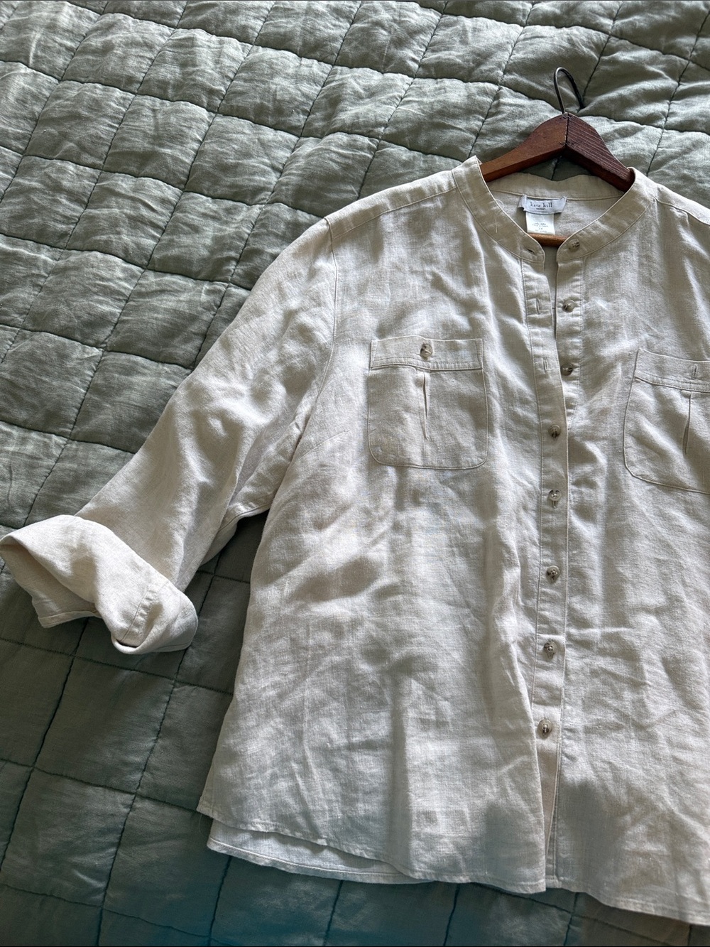 Kate Hill 100% Linen Button Front Top Cream Beige Plus Size 2X Lightweight - Picture 2 of 6